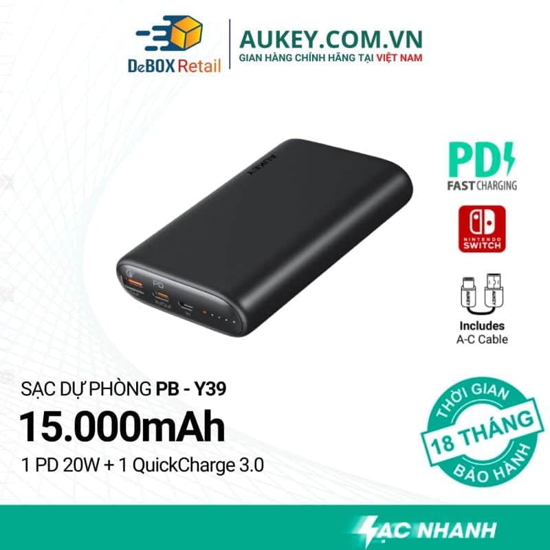 Aukey PB-Y39 15000mAh 18W PD Power Bank With Quick Charge 3.0